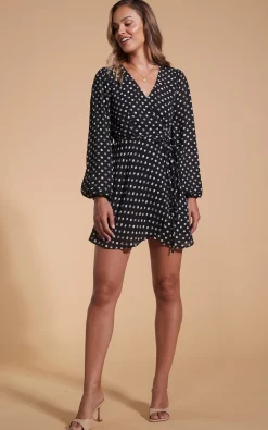 Women Dancing Leopard Ginger Mini Wrap Dress In Black Polka Dot
