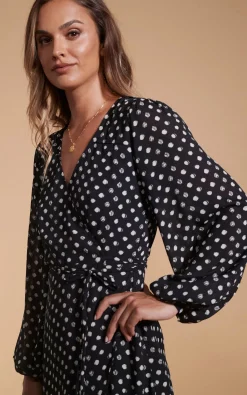 Women Dancing Leopard Ginger Mini Wrap Dress In Black Polka Dot