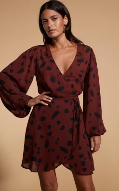 Women Dancing Leopard Ginger Mini Wrap Dress In Abstract Dot Black On Rust