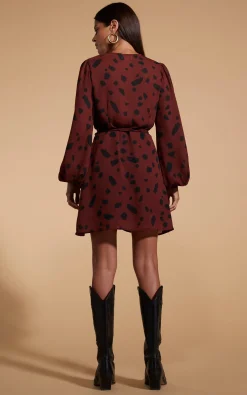Women Dancing Leopard Ginger Mini Wrap Dress In Abstract Dot Black On Rust