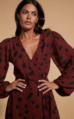 Women Dancing Leopard Ginger Mini Wrap Dress In Abstract Dot Black On Rust