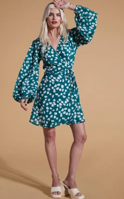 Women Dancing Leopard Ginger Mini Wrap Dress In White On Green Cloud