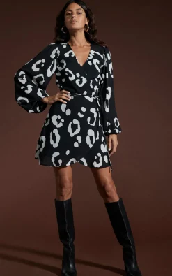 Women Dancing Leopard Ginger Mini Wrap Dress In Oversized Mono Leopard