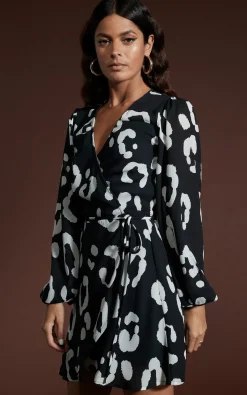 Women Dancing Leopard Ginger Mini Wrap Dress In Oversized Mono Leopard