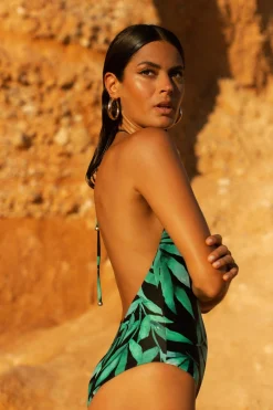 Women Dancing Leopard Halo Molokai Halter Neck Swimsuit In Watercolour Green Leaf
