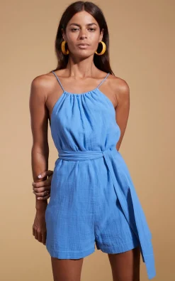 Women Dancing Leopard Halo Papillon Halter Neck Playsuit In Sky Blue