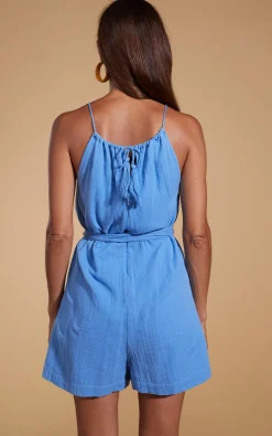 Women Dancing Leopard Halo Papillon Halter Neck Playsuit In Sky Blue