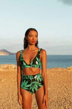 Women Dancing Leopard Halo Tamika Bikini Vest Top In Watercolour Green Leaf
