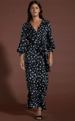 Women Dancing Leopard Havannah Maxi Wrap Dress In Abstract White On Black Leopard