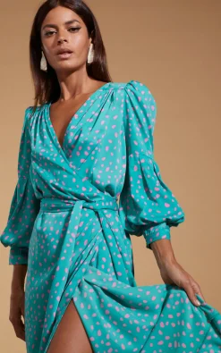 Women Dancing Leopard Havannah Maxi Wrap Dress In Abstract Pink On Sea Green