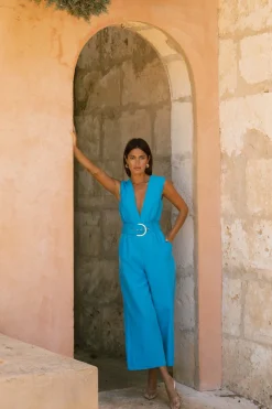 Women Dancing Leopard Indy Linen Jumpsuit In Blue - Reversible