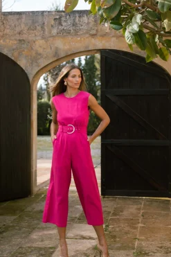 Women Dancing Leopard Indy Linen Jumpsuit In Raspberry - Reversible