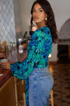 Women Dancing Leopard Joanie Tie Top In Blue & Green Floral