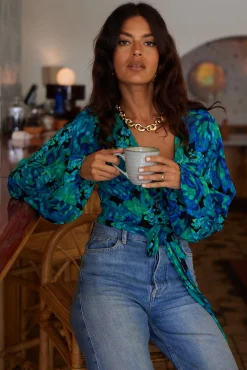 Women Dancing Leopard Joanie Tie Top In Blue & Green Floral