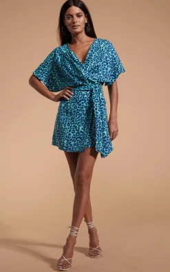 Women Dancing Leopard Kansas Mini Wrap Dress In Turquoise Leopard