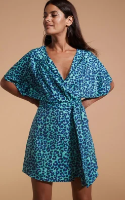 Women Dancing Leopard Kansas Mini Wrap Dress In Turquoise Leopard