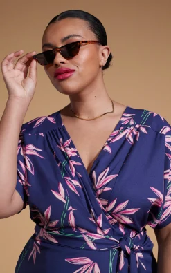 Women Dancing Leopard Kansas Mini Wrap Dress In Bamboo Navy Base - Extended Sizing