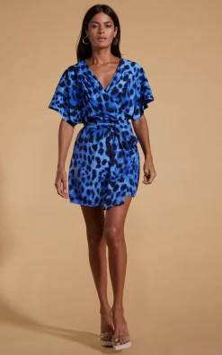 Women Dancing Leopard Kansas Mini Wrap Dress In Bright Blue Leopard