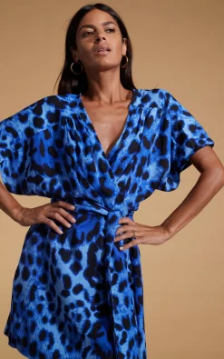 Women Dancing Leopard Kansas Mini Wrap Dress In Bright Blue Leopard