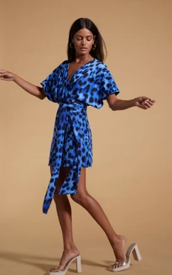 Women Dancing Leopard Kansas Mini Wrap Dress In Bright Blue Leopard