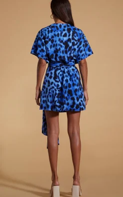 Women Dancing Leopard Kansas Mini Wrap Dress In Bright Blue Leopard