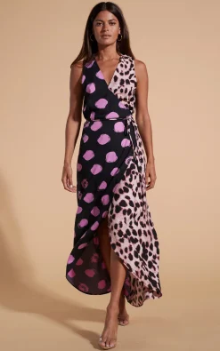 Women Dancing Leopard Kyla Dress In Pink On Black Dot & Blush Leopard