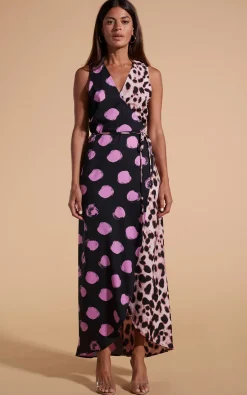 Women Dancing Leopard Kyla Dress In Pink On Black Dot & Blush Leopard