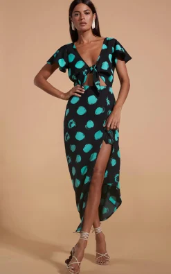 Women Dancing Leopard Lily Dress In Green On Black Dot