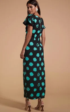 Women Dancing Leopard Lily Dress In Green On Black Dot