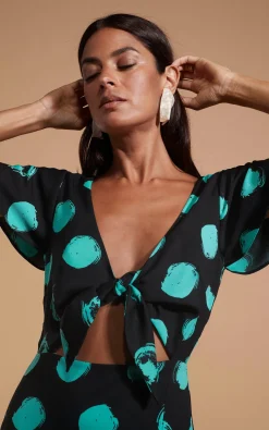 Women Dancing Leopard Lily Dress In Green On Black Dot
