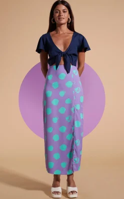 Women Dancing Leopard Lily Dress In Navy & Green On Purple Dot