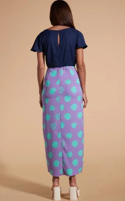 Women Dancing Leopard Lily Dress In Navy & Green On Purple Dot