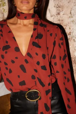 Women Dancing Leopard Lyma (Multi-Way) Tie Neck Top In Abstract Dot Black On Rust