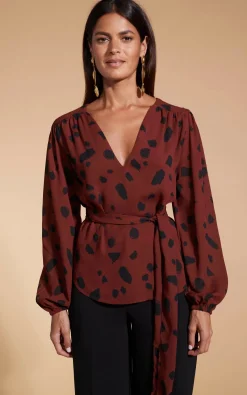Women Dancing Leopard Lyma (Multi-Way) Tie Neck Top In Abstract Dot Black On Rust