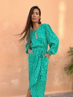 Women Dancing Leopard Mabel Midaxi Mock Wrap Dress In Odd Dot White On Sea Green