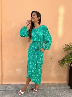 Women Dancing Leopard Mabel Midaxi Mock Wrap Dress In Odd Dot White On Sea Green