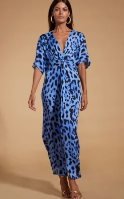Women Dancing Leopard Makuna Kaftan In Bright Blue Leopard
