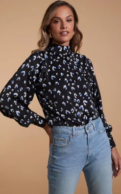 Women Dancing Leopard Margo Pintuck Blouse In Abstract White On Black Leopard