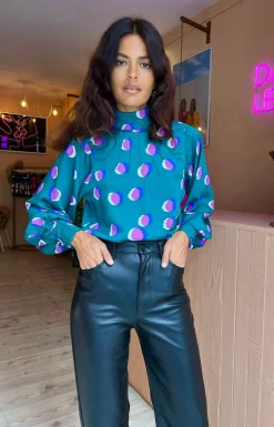 Women Dancing Leopard Margo Pintuck Blouse In Polka Dot Purple On Green