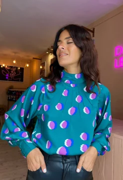 Women Dancing Leopard Margo Pintuck Blouse In Polka Dot Purple On Green