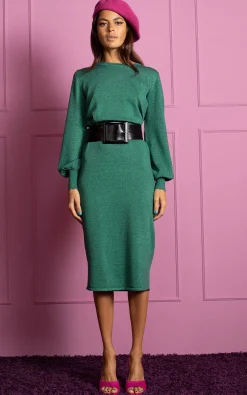 Women Dancing Leopard Memphis Metallic Knit Midi Dress In Green
