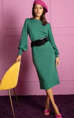 Women Dancing Leopard Memphis Metallic Knit Midi Dress In Green