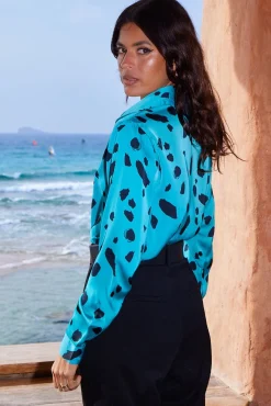 Women Dancing Leopard Nevada Shirt In Abstract Dot Black On Teal