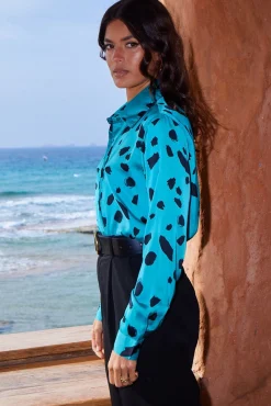 Women Dancing Leopard Nevada Shirt In Abstract Dot Black On Teal