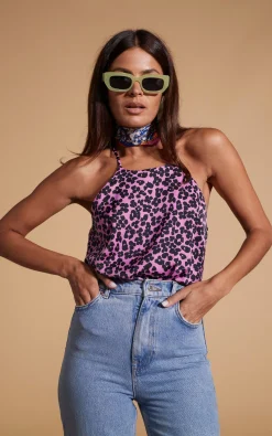 Women Dancing Leopard Nina Halter Cami Top In Black On Pink Leopard