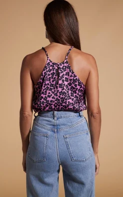 Women Dancing Leopard Nina Halter Cami Top In Black On Pink Leopard