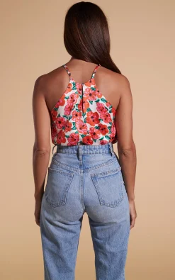 Women Dancing Leopard Nina Halter Cami Top In Hibiscus Red Orange On White