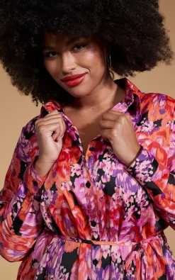 Women Dancing Leopard Paris Shirt Dress In Red & Lilac Floral - Extended Sizing