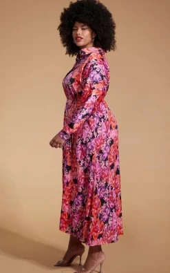 Women Dancing Leopard Paris Shirt Dress In Red & Lilac Floral - Extended Sizing