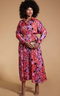 Women Dancing Leopard Paris Shirt Dress In Red & Lilac Floral - Extended Sizing